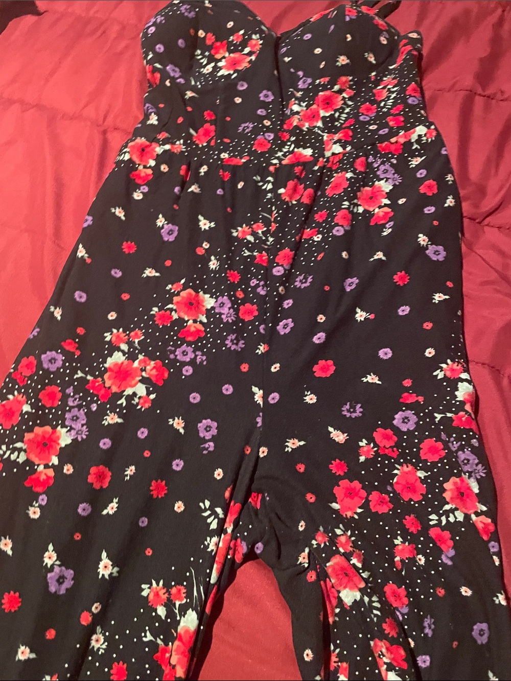 Floral Strapless Jumpsuit in Black with Red & Purple Flowers